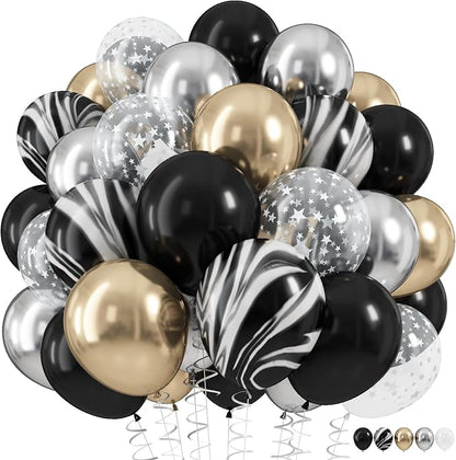 Black Gold Silver Balloon Set, 12 Inch Marble Black and Metallic Chrome Gold by HILAVO