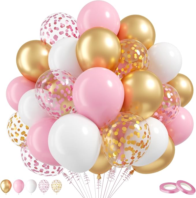 Balloons Pink Gold Confetti, 60 Packs 12 Inch Pink White Metallic Gold Balloon by Togvu