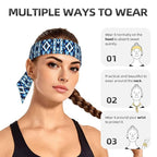 Men's Women Fashion Sports Sweatband Hand Decor for Running Fitness Spa, Long Multifunction Blue Geometric Tribal Navajo Aztec Ethnic Head Ribbon Headwear