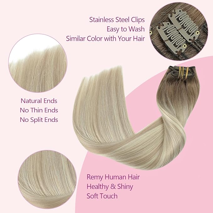 PINKPEARL Clip in Hair Extensions Real Human Hair, 22 Inch 120g 7pcs Human Hair Extensions Clip In, #8/60/18 Balayage Ash Brown to Platinum Blonde and Ash Blonde(#8/60/18-22)