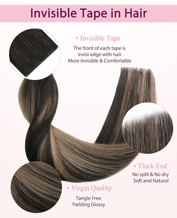 Pinkpearl Invisible Tape in Hair Extensions Human Hair, 20pcs 22inch 60g #2/6/2 Balayage Dark Brown to Chestnut Brown Injection Tape in Extensions Real Remy Human Hair Injected