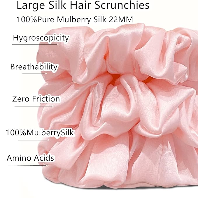 Suncdelv Silk,100% Silk Scrunchies for Hair,22 Momme Hair Ties for Anti-Crease & Breakage,Natural Women Hair Accessories，Fashion Hairbands 3PCS（Pink）