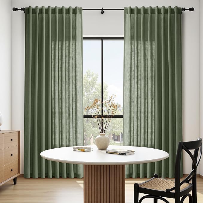 Olive Green Linen Blend Semi Sheer Curtains 102 Inches Long x 60 Inches Wide - Image 8