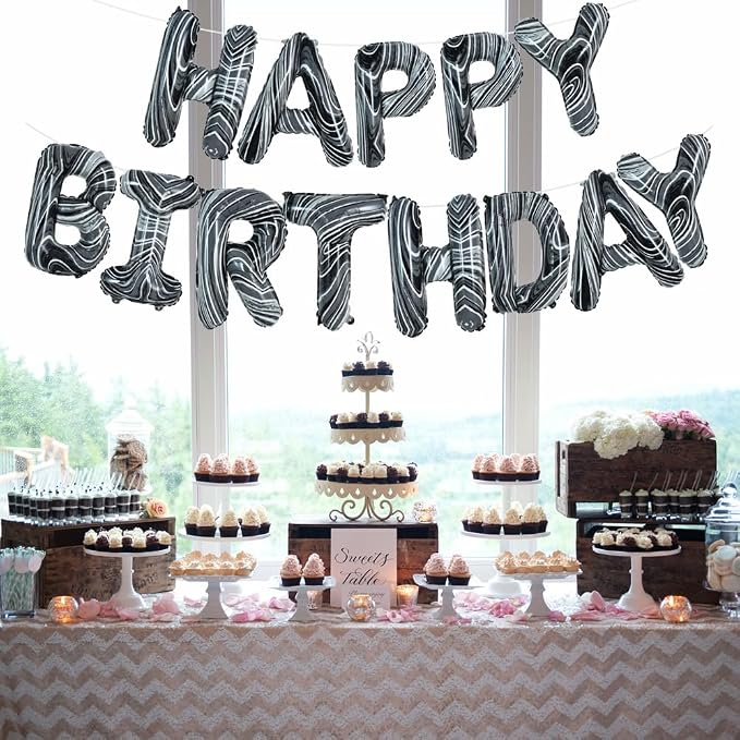 TONIFUL Black Marble Happy Birthday Balloons Banner, 16 Inch Mylar Foil Letters - Image 6