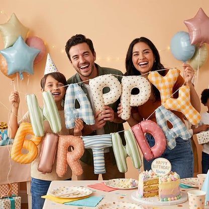 Colorful Happy Birthday Banner Foil Letter Balloon, 14 Inch 3D Plaid, Polka Dots - Image 3