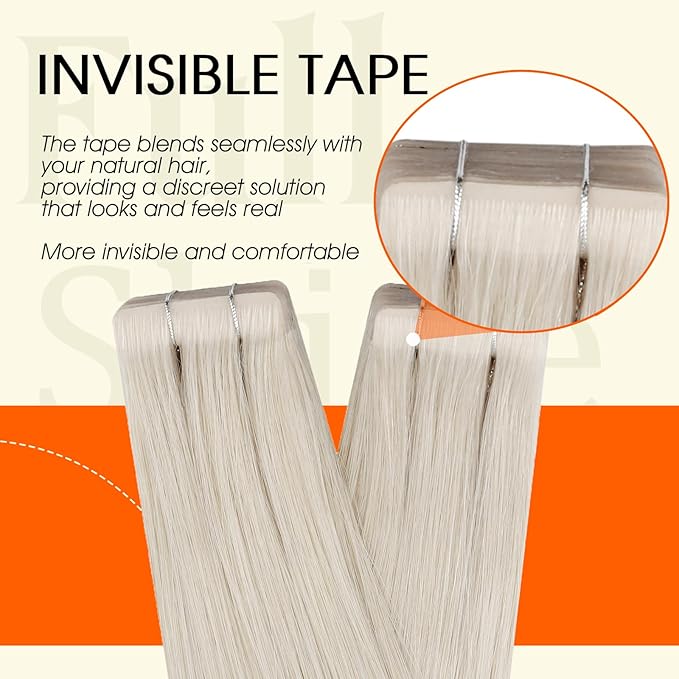 Full Shine Blonde Injected Tape in Hair Extensions Human Hair Color 1000 Ice Blonde Injection Tape in Extensions Protect Natural Extension 16Inch 40G 20Pcs Seamless Invisible Skin Weft