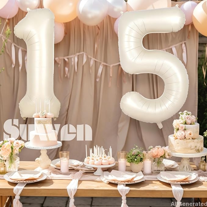 SUWEN 40 Inch Cream White Large 15 Number Balloons Big Foil Helium Number - Image 3