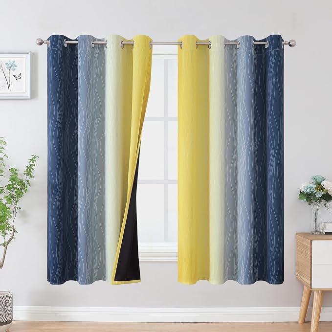 Navy Blue and Yellow Blackout Curtains 63 Inch Length 2 Panels Set, Full Room by ESTELARTEXTILER