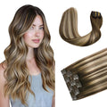 XDhair Clip-in Hair Extensions 120g18 Inch Balayage Chocolate Brown to Caramel Blonde Real Human Hair Extensions Clip in Human Hair Double Weft 6pcs (18inch, #4/27/4)