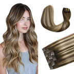 XDhair Clip in Hair Extensions 120g 22 Inch Chocolate Brown to Caramel Blonde Real Human Hair Extensions Balayage Clip in Hair Extensions Double Weft 6pcs (22inch, #4/27/4)