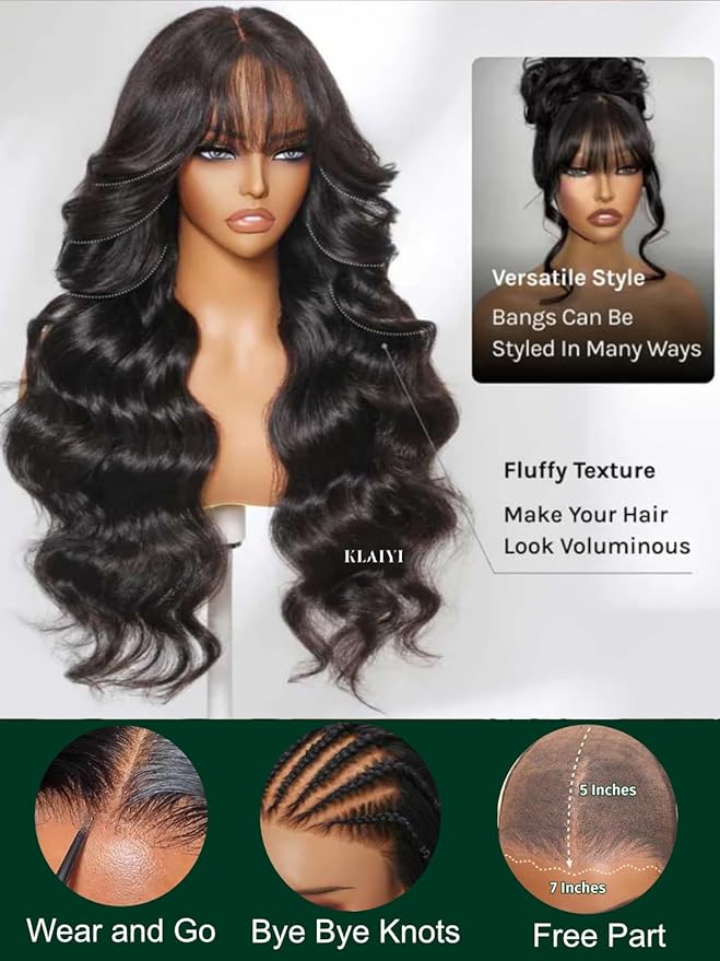 KLAIYI Fluffy Body Wave Curtain Bang Wig Bye Bye Knots Glueless Pre Cut 7x5 Lace Front Wigs Human Hair Loose Wave Pre Bleached Pre Plucked Pre Everything 3S Easy to Wear and Go Wig 180% Density 26Inch