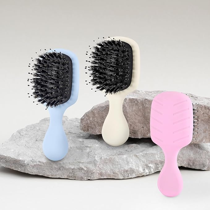 Mini Boar Bristles Hair Bursh, Travel Size Hair Brush for Women Men Kids, Protable Small Hair Brushes for Pockets Purses, Mini Hair Brush for Smooth Add Shine (White)