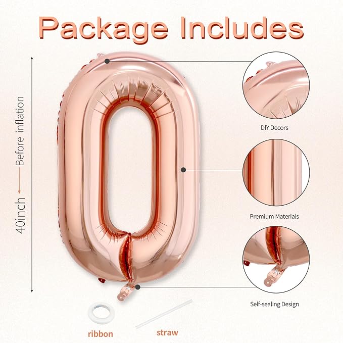 40 Inch Rose Gold Number 0 Balloon, Giant Number Balloons, Birthday Decor | - Image 3