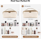 Prite Makeup Bag for Women Travel Waterproof Vegan Leather Cosmetic Bag Open Flat Toiletry Bag With Clear Divider and Handle (Large Beige)