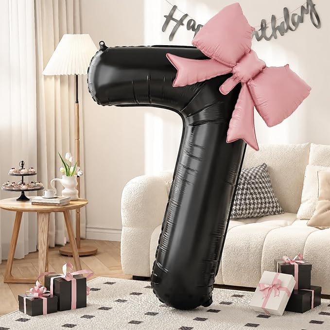40 Inch Black Number 7 with Pink Bow Balloon, Giant Self Inflating Black Foil by KYGNE