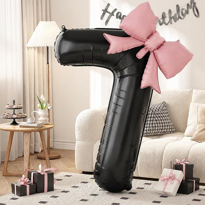 40 Inch Black Number 7 with Pink Bow Balloon, Giant Self Inflating Black Foil by KYGNE