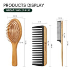 Bamboo Hair Brush and Comb Set, Massage Scalp Detangling Hairbrush for Hair Growth, Bakelite Durable Anti Static Wide-Tooth Comb & Rat Tail Comb for Women, Men, Kid