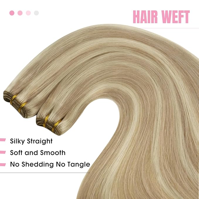 YoungSee Human Hair Sew in Extensions Blonde Highlight Hair Extensions Sew in Dark Ash Blonde Highlighted Light Blonde Weft Hair Extensions Human Hair Highlight Remy Hair 22Inch 100G