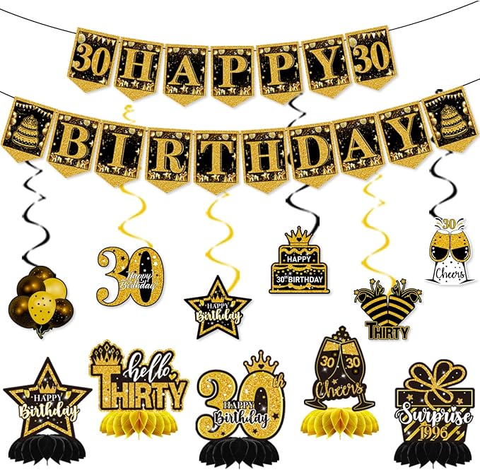 Mxdfafa 39Pcs Black Gold Glitter 30th Birthday Decorations Kit, 30th Bday Party - Image 4