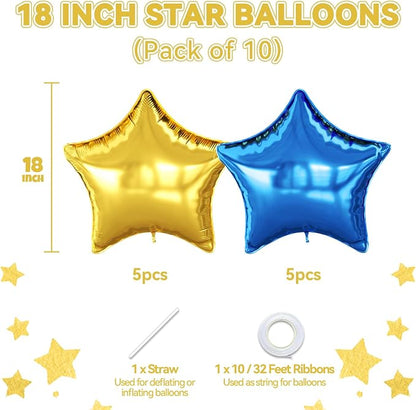 Blue Gold Star Foil Balloons, 18 Inch Metallic Blue and Gold Stars Balloon - Image 2