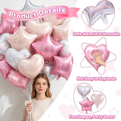 TONIFUL 18 Inch Pink Silver Star and Heart Foil Balloons - Image 4