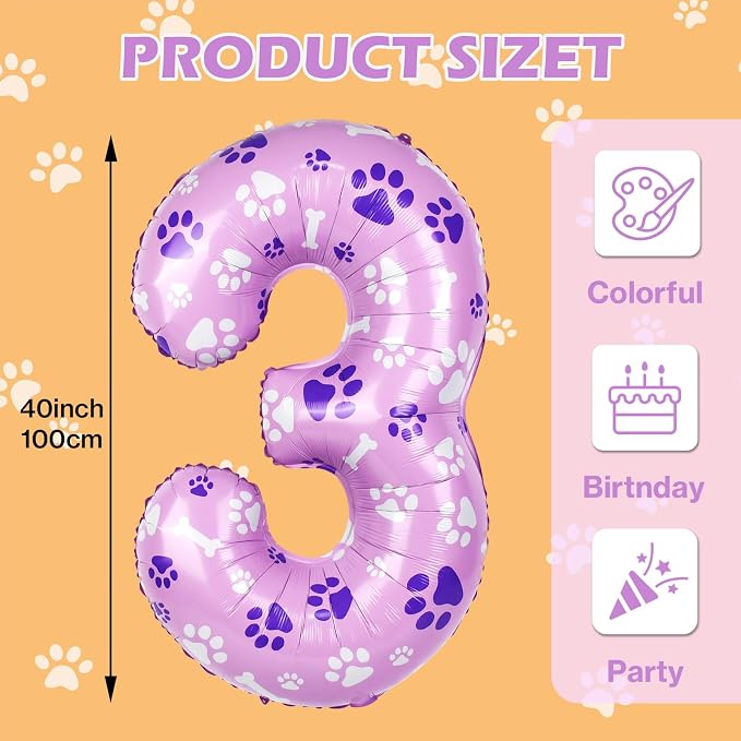 40 Inch Pink Dog Paw Balloons, Numeral 3 Birthday Balloons - Image 2