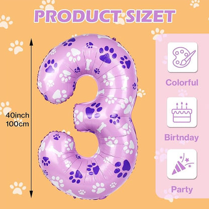 40 Inch Pink Dog Paw Balloons, Numeral 3 Birthday Balloons - Image 2