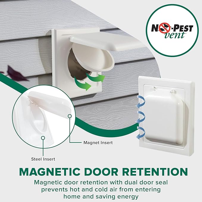 NO-PEST VENT, Exclusive Dual Door Dryer Vent Cover Outdoor 4 inch, Made in USA w Highest UV Resistant Plastic in any Outdoor Vent Cover, No Lint Collecting Screen (White, 4” Metal Vent With Duct Tube)