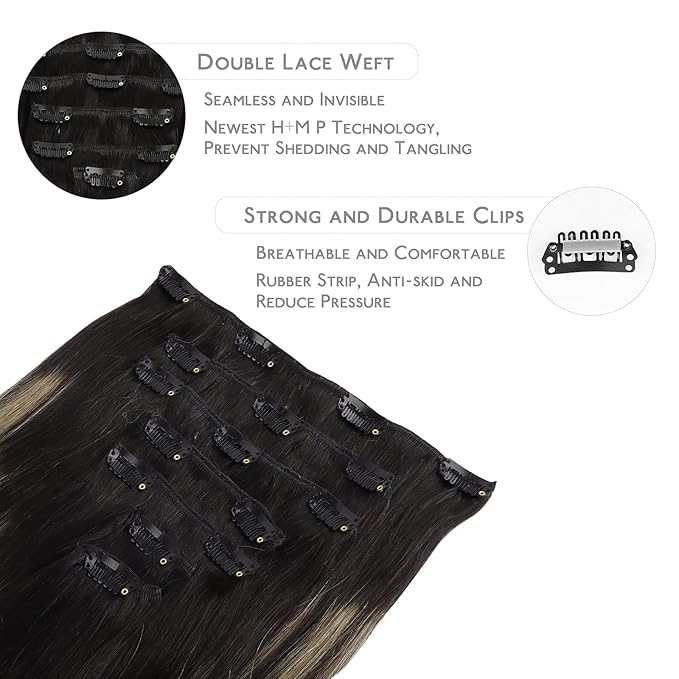 WENNALIFE Clip in Human Hair Extensions, 24 Inch 120g 7pcs Balayage Natural Black to Light Blonde Hair Extensions Real Human Hair Remy Double Weft