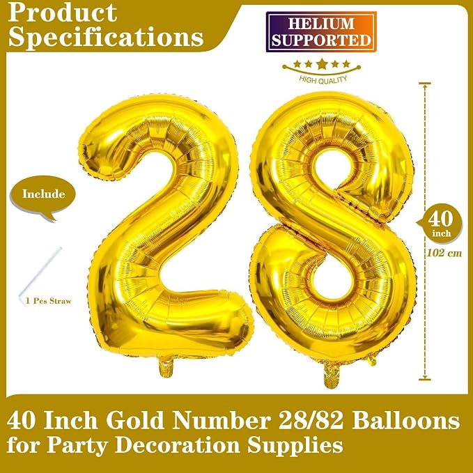 Gold 28 Number Balloons, 40 Inch Giant Number 28 Balloons Foil Mylar Helium - Image 2