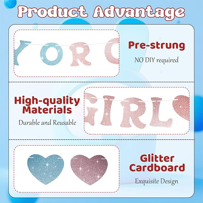 Boy or Girl Banner Gender Reveal Decorations, Pre-Strung Glitter Baby Gender - Image 3