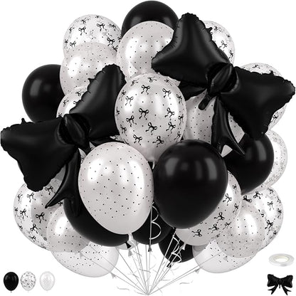 Black Bow Balloons, 12 Inch Black Pearl Transparent White Printed Balloons by FEYG