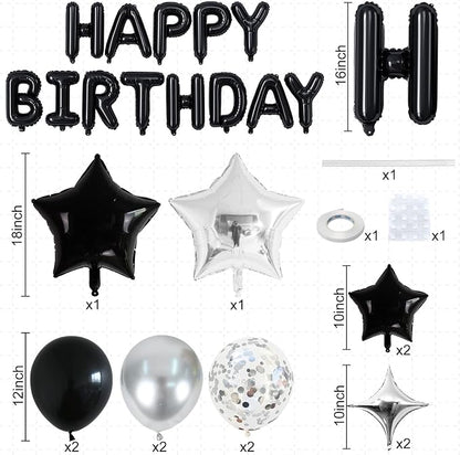 Happy Birthday Balloon Banner Black Silver, 16 Inch Mylar Foil Letter Balloons - Image 2