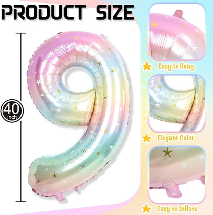 Big Number 9 Balloons, Rainbow Colorful Stars Foil 9 Balloon Numbers 40 Inch - Image 2