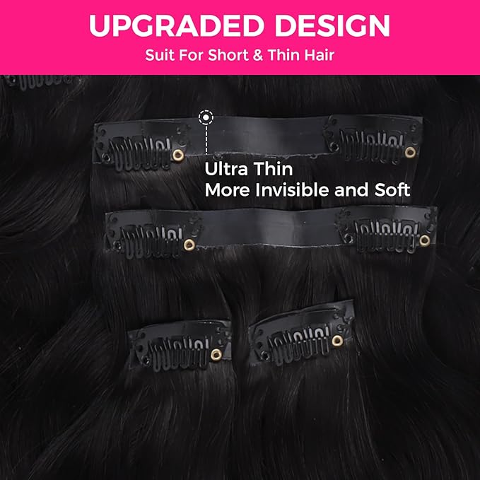Lashey Seamless Clip in Hair Extensions Human Hair #1 Jet Black Body Wave 7pcs 110g 22 Inch Invisible PU Weft Human Hair Clip in Extensions for Women