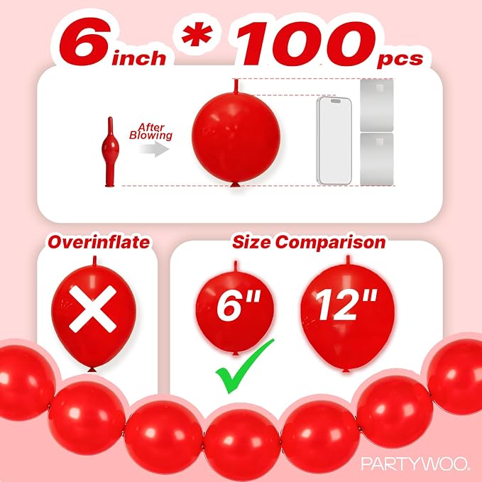 PartyWoo Red Linking Balloons 100pcs 6 Inch Red Link Balloons | - Image 4