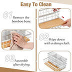 2 Pcs Hair Tool Organizer Countertop Breathable Metal & Bamboo Hot Tools Organizer Under Sink Bathroom Hair Dryer Holder Countertop Brush Comb Holder,Makeup Tray (Natural Bamboo,White)
