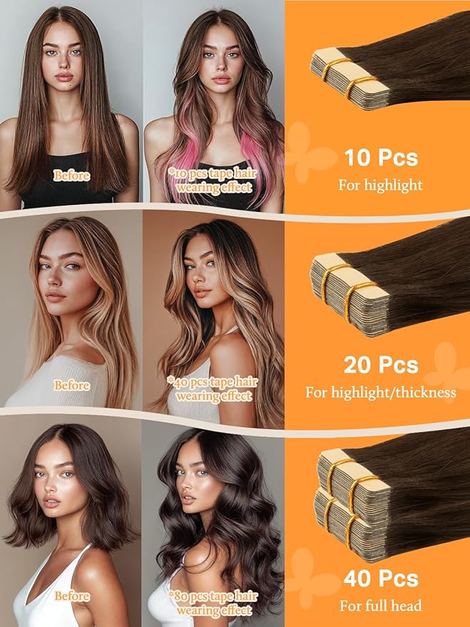 DOORES Human Hair Extensions Tape in, Balayage Chocolate Brown to Caramel Blonde 25g 10pcs 16 Inch, Tape in Hair Extensions Natural Hair Extensions Real Hair Silky Straight