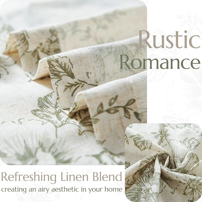 jinchan Green Floral Linen Curtains 63 Inch Farmhouse Back Tab 2 Panels | Light - Image 5