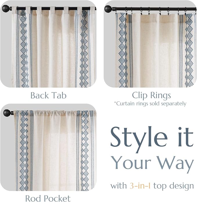 jinchan Floral Linen Curtains Embroidered Back Tab 50x96in 2 Panels Blue | - Image 6