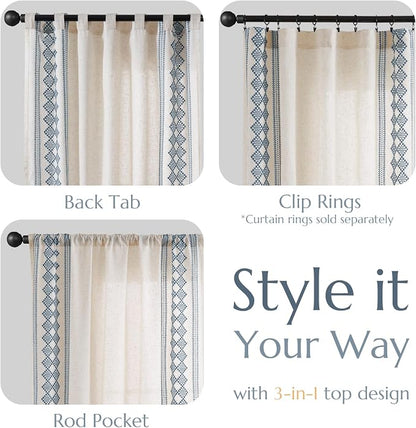 jinchan Floral Linen Curtains Embroidered Back Tab 50x96in 2 Panels Blue | - Image 6