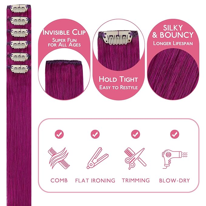 WENNALIFE Violet Clip in Hair Extensions Real Human Hair 35g 6pcs 22 Inch Colored Hair Extensions for Kids Women Colorful Hair Pieces Pop-up Style Straight Extensiones De Cabello Humano Con Clip