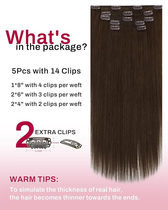 Moresoo Clip in Hair Extensions Brown Human Hair Clip in Extensions Double Weft Remy Straight Hair Extensions Real Human Hair Clip ins Medium Brown #4 5pcs 80g 22inch