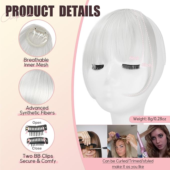 Clip in Bangs, Synthetic Wispy Bangs Hair Clip, Silver Grey Fake Bangs Fringe with Temples Hairpieces for Women Natural Curved Hair Extensions for Daily Wear