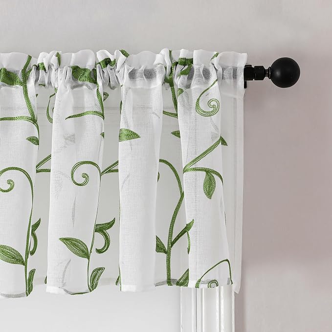 Kitchen Sheer Cafe Curtains Embroidered Leaves Green 54Wx16L | Light Filtering - Image 2