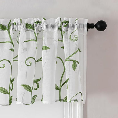 Kitchen Sheer Cafe Curtains Embroidered Leaves Green 54Wx16L | Light Filtering - Image 2