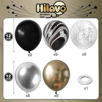Black Gold Silver Balloon Set, 12 Inch Marble Black and Metallic Chrome Gold - Image 2
