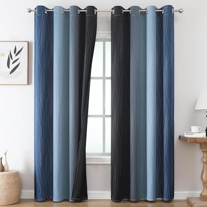 Navy Blue and Black Ombre Blackout Curtains 90 Inches Long 2 Panels - Image 2