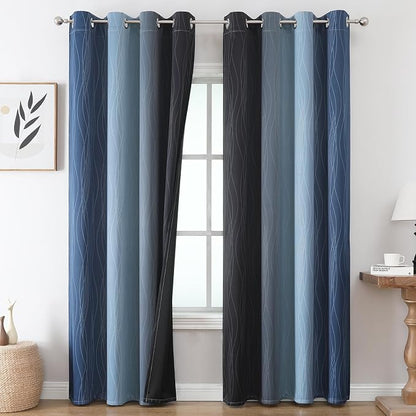 Navy Blue and Black Ombre Blackout Curtains 90 Inches Long 2 Panels - Image 2