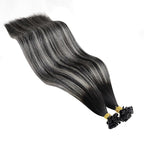 YoungSee K Tip Hair Extensions Real Human Hair Ombre K Tip Extensions Natural Black Roots to Silver Grey Balayage Keratin Tip Hair Extensions Human Hair Pre Bonded 50g 20inch 50s